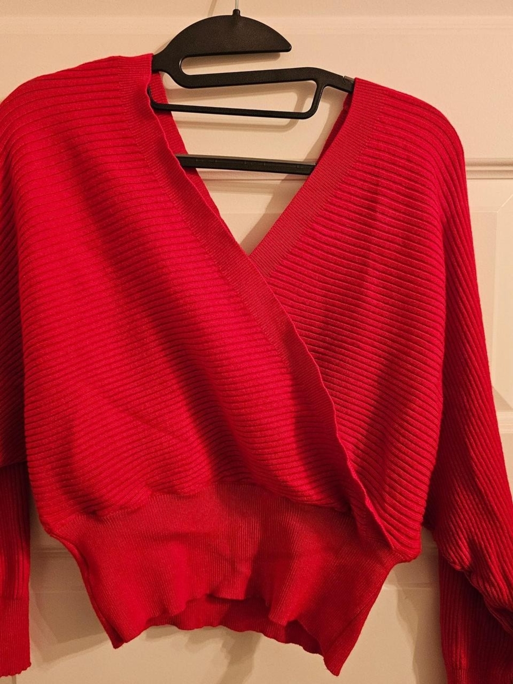 SHEIN Red Ribbed V-Neck Wrap Sweater